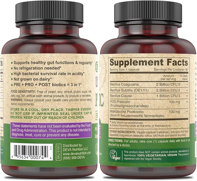 DEVA Vegan Probiotic, 5 Billion CFU 2-Pack – Dairy-Free FOS Prebiotics, Probiotics & Postbiotics, Digestive Health, Gut Support, 90 Vegan Caps Ea