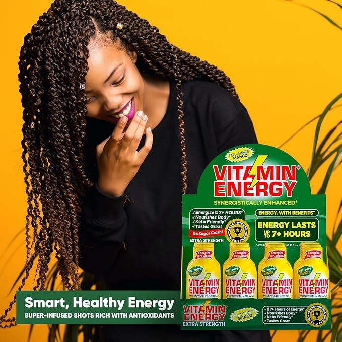 Vitamin Energy B12 11,000% Extra Strength Energy Shot Mango 12 Pack, 260mg Natural Caffeine, B12 & B6, Nootropic Focus, Vitality, Zero Sugar, Gluten-Free, Vegan, Kosher, 1.93 fl oz