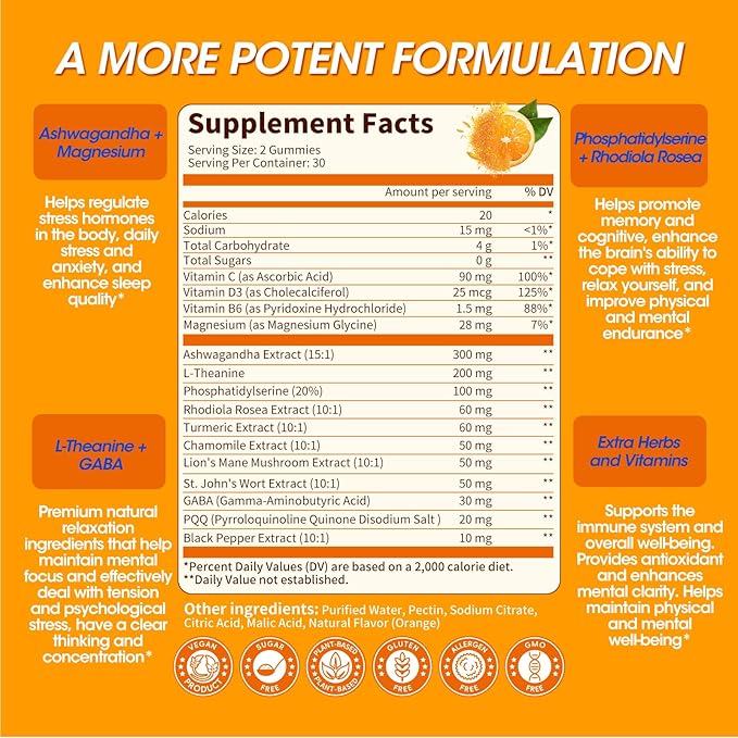 15-in-1 Cortisol Supplements for Women & Men, Calm Cortisol Gummies with Ashwagandha, Magnesium, L-theanine, GABA, Phosphatidylserine, Vitamin C, D3, B6 for Mood, Sleep, Focus Support - Vegan, 1 Pack