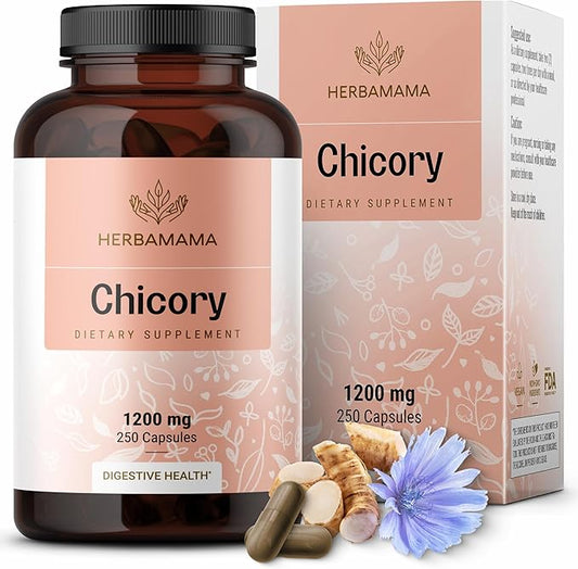 HERBAMAMA Chicory Root Fiber Capsules - 1200mg Chicory Root Powder for Gut Cleanse & Digestive Support - Vegan, Non-GMO Inulin Prebiotic Fiber Supplement, 250 Caps