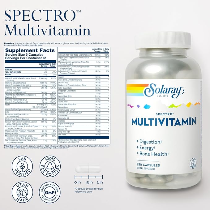 SOLARAY Spectro Multivitamin with Iron - Multi Vitamin with Calcium, Magnesium, Energizing Greens, Herbs & Digestive Enzymes - Digestion, Energy, and Bone Health Support (41 Serv, 250 CT)