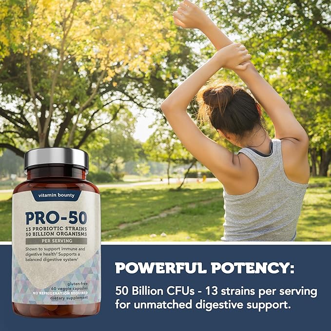 Vitamin Bounty Pro-50 Probiotic - 50 Billion Organisms and 13 Probiotic Strains that Promote Gut Health, Digestive Health Probiotic, Delayed Release Capsule with Prebiotic Greens - 60 Capsules, 2 Pack