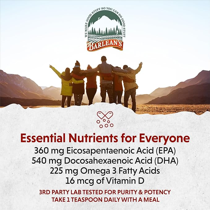 Barlean's Cod Liver Oil Liquid Supplement, Omega 3 Fish Oil with 900mg EPA and DHA Plus Vitamin D, Supplements for Joint, Brain, and Heart Health Support, Lemonade Flavor, 8 oz