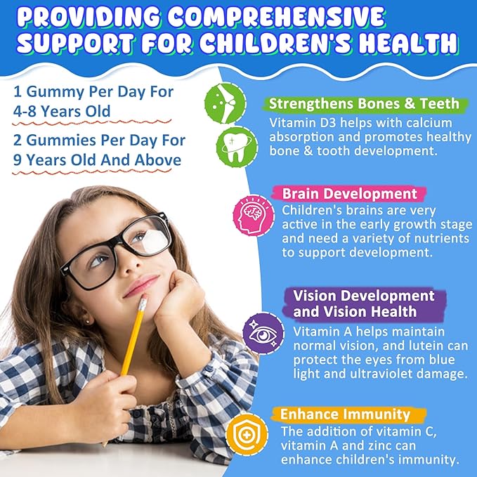 Kids Calcium Gummies + D3 & Magnesium for 4+, with Calcium Citrate Calcium Gluconate, Calcium Lactate, Probiotics & Prebiotics for Children Bone Health,Muscle Support,Digestive Health,Sugar Free 60Cts