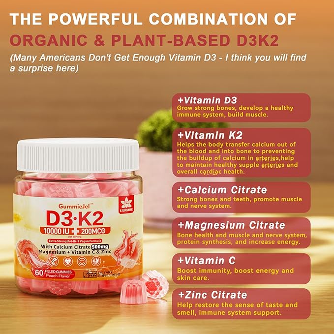 Vitamin D3 K2 Filled Gummies 5000IU / 10,000 IU with 500mg Calcium + K2(MK-7) 200mcg, Magnesium, Vitamin C & Zinc, Extra Strength - Ultimate Absorbency for Bones Muscles Teeth, Vegan -- Pack of 2
