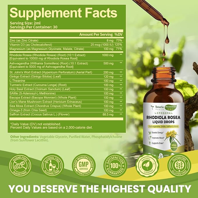 Liposomal Rhodiola Rosea Tincture, Ultra Strength Rhodiola Supplement with Ashwagandha, Saffron, Magnesium, SAM-e, Rhodiola Rosea Extract Liquid Drops for Natural Relaxation, Mood, Energy, Pack of 2