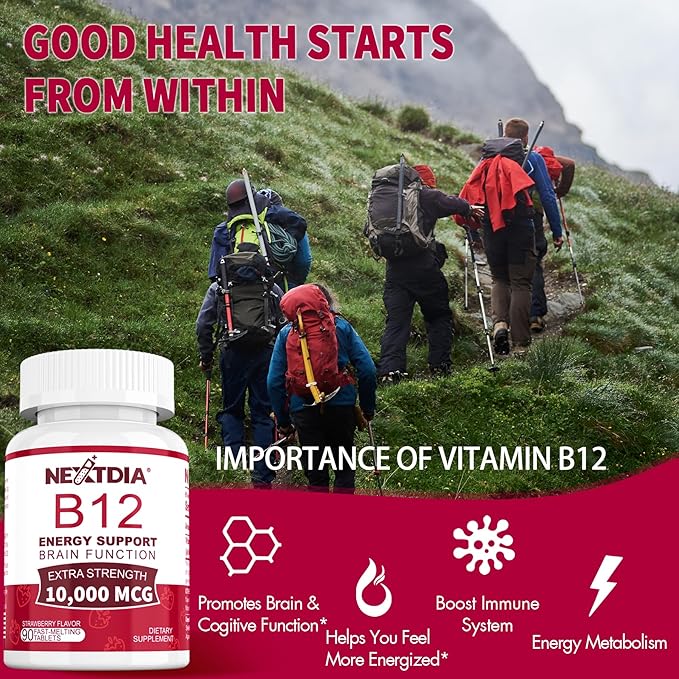 B12 Vitamins 10,000 mcg, Methylated Vitamin B12 Sublingual - Energy Boost, Focus, Metabolism & Brain Health Support, Immune System Support, Fast Dissolve, Natural Strawberry Flavor, 270 Servings