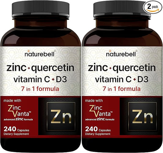 NatureBell 2 Pack Zinc Quercetin with Vitamin C & D3, 480 Capsules | Quercetin 1,000mg, 4 in 1 Zinc 50mg, Vitamin C 250mg, Vitamin D3 5,000 IU – ZincVanta Advanced Immune Defense & Lung Support