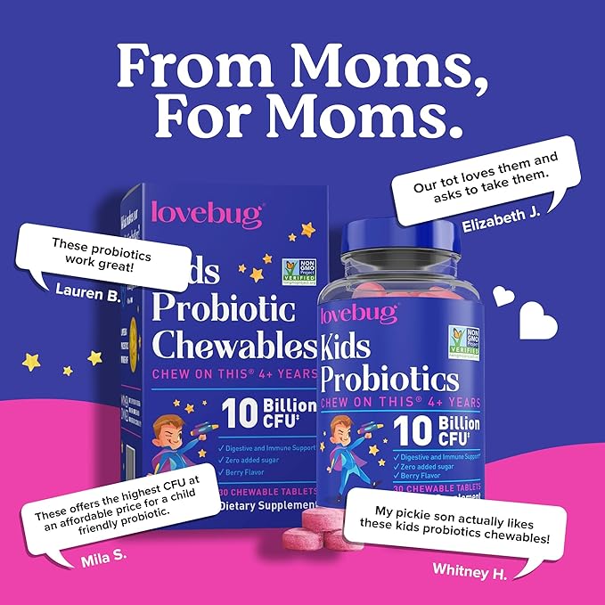 lovebug PROBIOTICS for Kids – Probiotic Chewables with Prebiotic Fiber for Age 4+, Daily Children's Gut Health, Constipation, Digestive & Immune Support Supplement, Sugar-Free Berry Flavor, 30 ct