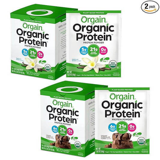 Orgain Organic Vegan Protein Powder Travel Packs - Vanilla Bean and Chocolate Fudge (10 Packets Each)