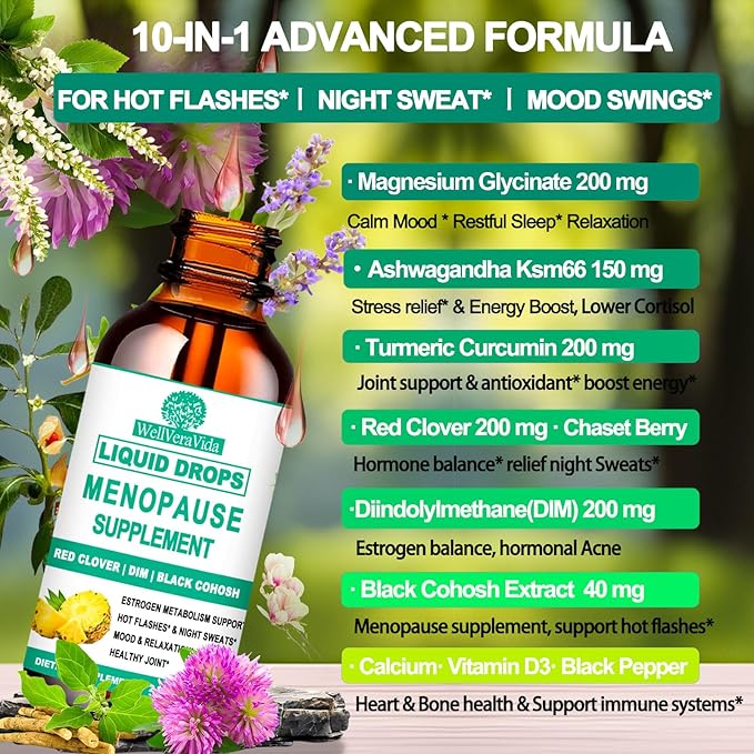 10-in-1 Menopause Supplements for Women, Complete Menopause Vitamins w. Black Cohosh Ksm66 Ashwagandha Red Clover For Hot Flashes Night Sweats Mood Swings, Liquid Menopause Potency than Capsules Pills