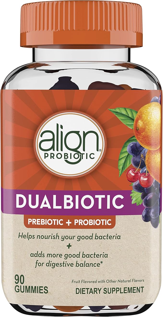 Align DualBiotic, Prebiotic + Probiotic for Women and Men, Help Nourish and Add Good Bacteria for Digestive Support, Natural Fruit Flavors, 90 Gummies