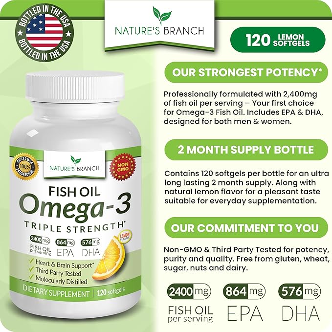 Best Triple Strength Omega 3 Fish Oil Pills 2400mg | 120 Capsules | Burpless High Potency Lemon Flavor | 864mg EPA 576mg DHA Ultra Pure Liquid Softgels | Brain Joints Eyes Hair Heart Health Supplement
