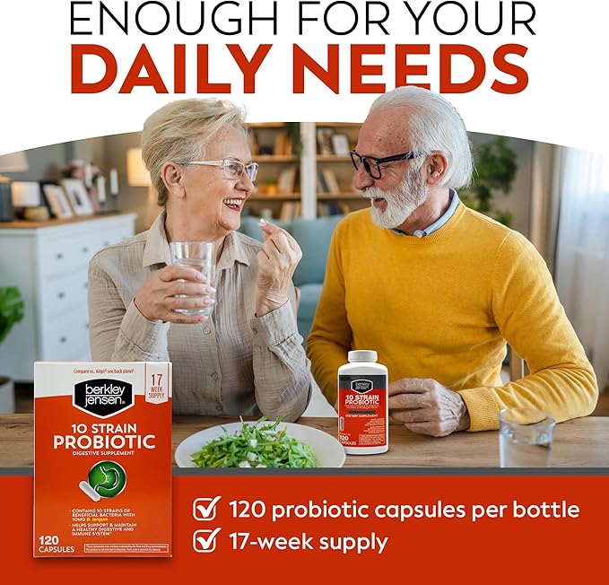 Berkley Jensen Natural 10 Strain Probiotic Supplement Capsules with 10mg B. Longum, Loaded with Live Strains & Beneficial Gut Flora, for Digestive & Immune Health - 17-Week Supply, 120 Ct