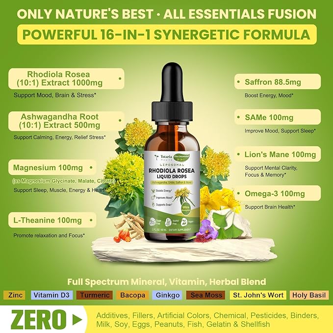 Liposomal Rhodiola Rosea Tincture, Ultra Strength Rhodiola Supplement with Ashwagandha, Saffron, Magnesium, SAM-e, Rhodiola Rosea Extract Liquid Drops for Natural Relaxation, Mood, Energy, Pack of 2