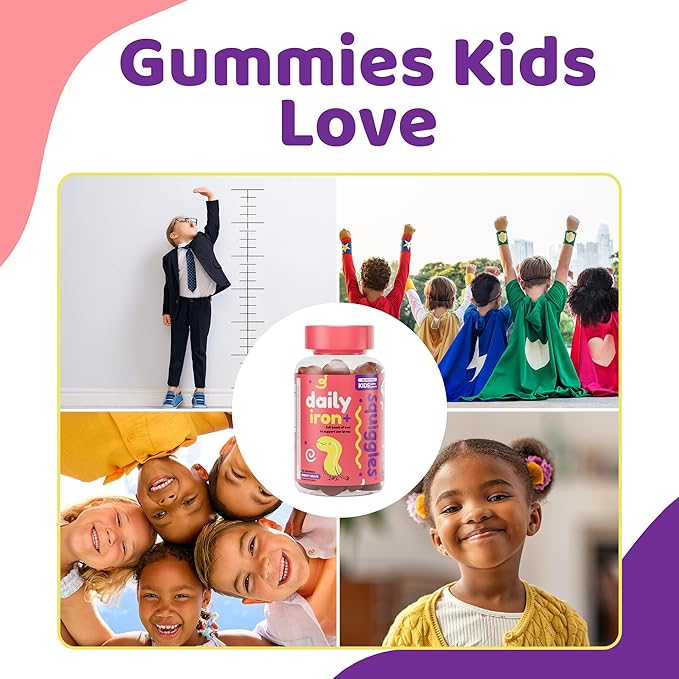 Squiggles Kids Daily Iron+ Gummies - Chewable Supplement with Iron, Multivitamin for Children, Low Sugar, Vegan, Toddler Gummies, Yummy Grape Flavor (100 Count)