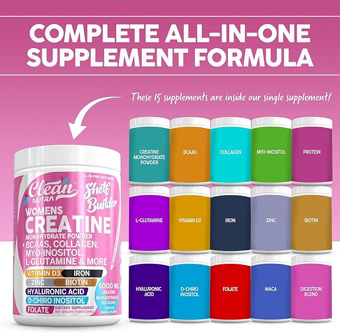 Creatine for Women | Creatine Monohydrate + BCAA Powder Myo-Inositol Collagen Biotin Hyaluronic Acid Folate L Glutamine Vitamin D3 Iron Zinc D-Chiro-Maca Digestion Shelf Builder by Clean Nutra