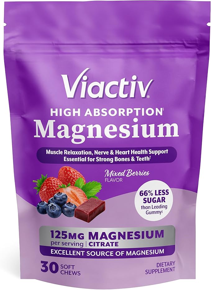 Viactiv Magnesium Chews, High Absorption Magnesium Citrate, Mixed Berries Flavor with Less Sugar Than Leading Magnesium Gummies, 30ct, 1pc Serving