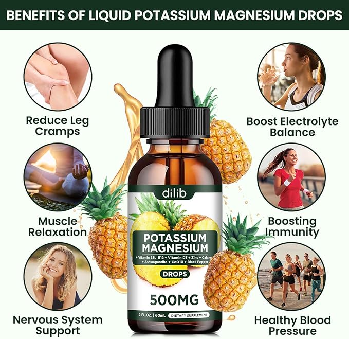 Potassium Magnesium Citrate Supplement, Liquid Magnesium Citrate Drops 500mg with Ashwagandha, Calcium, Zinc, Vitamin D3, B6, B12, CoQ10 - Vegan 2 fl oz Pineapple Flavor