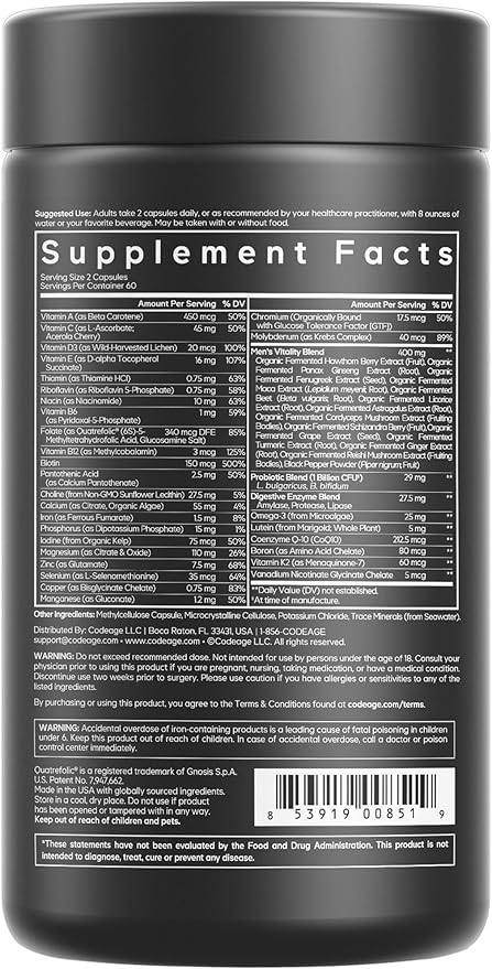 Codeage Men’s Daily Multivitamin – 25+ Essential Vitamins & Minerals, Organic Whole Foods, Probiotics, Omega-3, Zinc, Vitamins A, B, C, D, E & K, 2 Pack