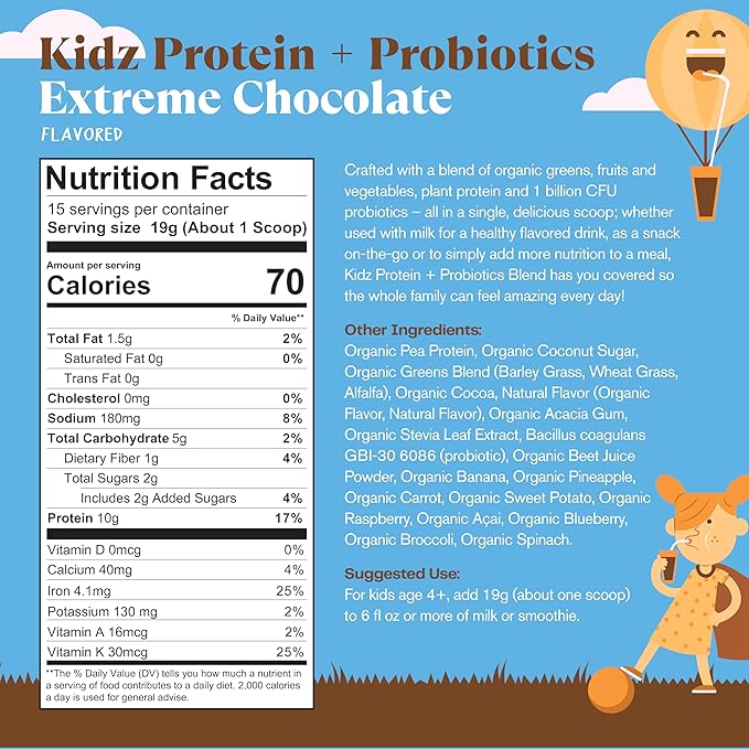 Amazing Grass Kidz Superfood: Vegan Protein & Probiotics for Kids with Beet Root Powder & 1/2 Cup of Leafy Greens, Extreme Chocolate, 15 Servings