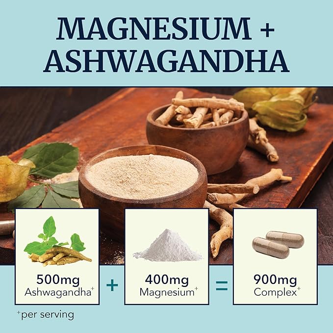 Magnesium Ashwagandha | Calming Magnesium Supplement for Adults | Relax, Rest, Calm Mood & Sleep Support | Mag Citrate & Oxide 400 mg + Ashwagandha 500 mg | Muscle Health & Stress Relief | 120 Ct