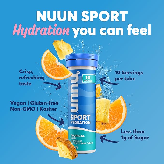 Nuun Sport Electrolyte Tablets - Dissolvable in Water, Tropical, 5 Essential Electrolytes for Hydration, 1g Sugar Drink Mix, Vegan, Non-GMO, 8 Pack (80 Total Servings)