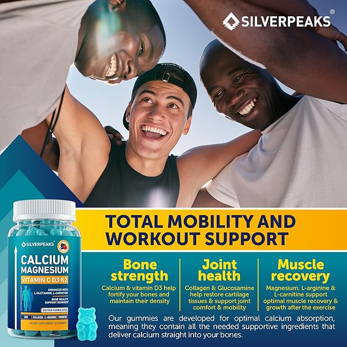 Calcium Magnesium Gummies – Bone & Immune Support for Women & Men with Vitamin D3, K2, Zinc & Collagen – Natural Chewable Multi-Vitamin Supplement for Strong Bones & Overall Wellness – 60 Chews