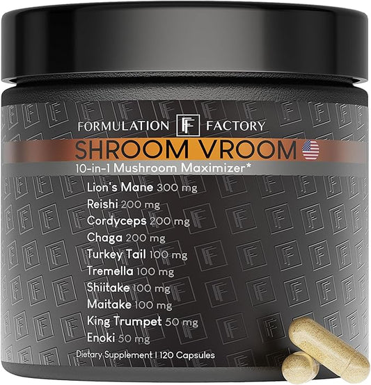 Shroom Vroom 10-in-1 Mushroom Supplement, Lion’s Mane, Reishi, Cordyceps, Chaga, Turkey Tail, Tremella, Shiitake, Maitake, Cognition, Immune, Energy, Vitality, Focus, Brain