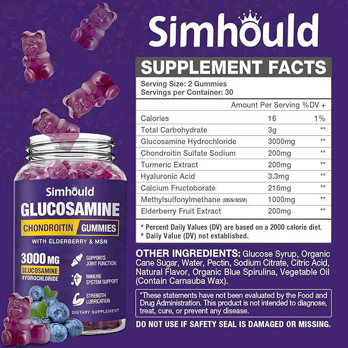 Glucosamine Chondroitin Gummies - 3000MG Extra Strength Joint Support Supplement with MSM & Elderberry, Flexibility, Antioxidant Immune Support Gummy for Adults, Men & Women