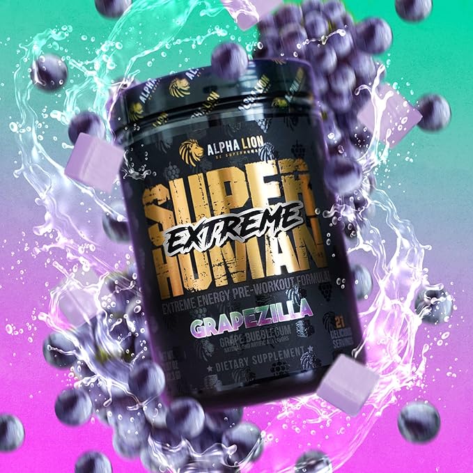 ALPHA LION Superhuman Extreme High Stim Pre Workout Powder, Beta Alanine, L-Taurine & 356mg Tri-Source Caffeine for Sustained Energy, Nitric Oxide & Citrulline for Pump (21 Servings, Grape Flavor)