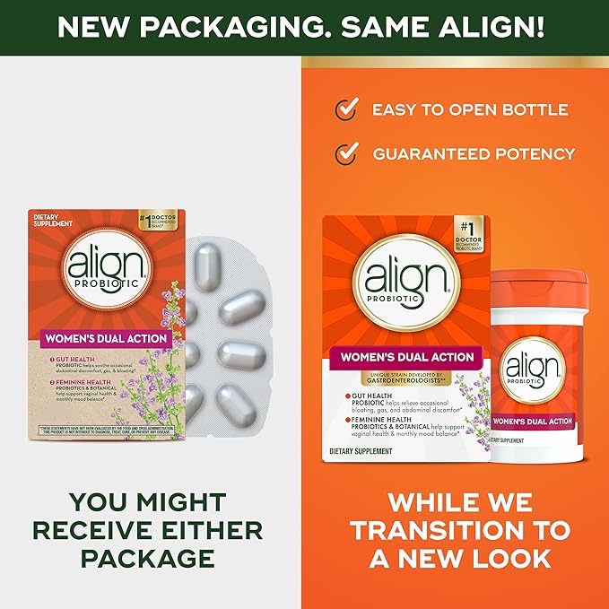 Align Probiotic, Women's Dual Action, Probiotics for Women, Multi-Strain Probiotic with Chaste Tree, Supports Feminine Health, Soothes Occasional Abdominal Discomfort, 28 Capsules (Packaging May Vary)
