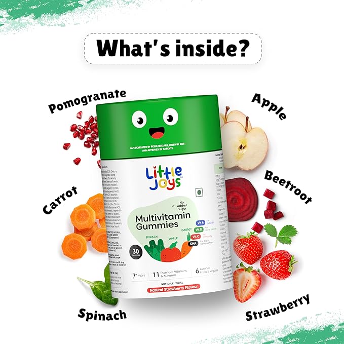 Kids Multivitamin Gummies |2+ Years| No Added Sugar | DHA, Vitamin D3, B12, C, A, Zinc & Iron | Immunity & Bone Health | No Preservatives I Gluten Free I Strawberry Flavour I 30 Day Pack