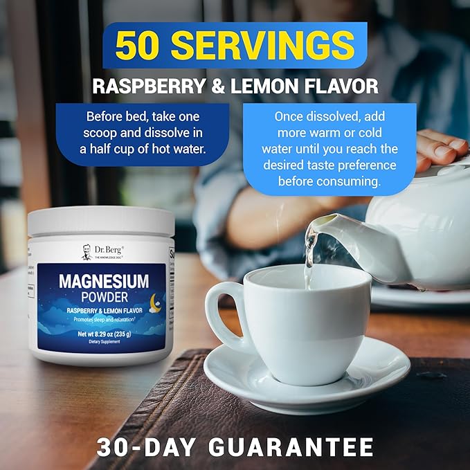 Dr. Berg Magnesium Glycinate Powder for Sleep, Relaxation, & Stress Relief - Raspberry & Lemon Flavor (50 Servings) Magnesium Powder - Ideal for Bedtime Support & Calming