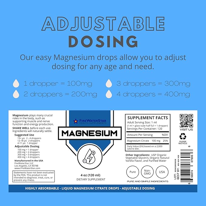 FWS Magnesium Citrate Liquid Drops for Adults and Kids - 4oz - Supports Sleep, Calm, Energy, Muscles, Nerves - Pure Magnesium Citrate Supplement - Organic, Non-GMO, Vegan - Easy Dosing, 120 Servings