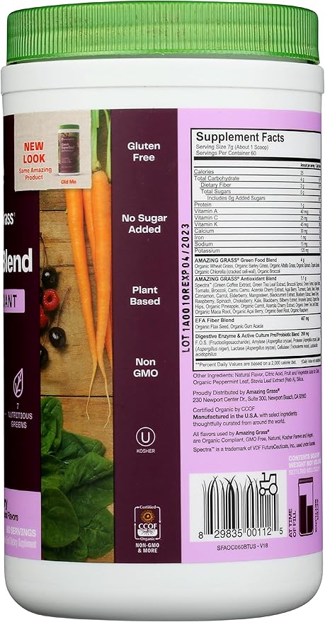 Amazing Grass Greens Superfood Antioxidant: Greens Powder with Organic Spirulina, Beet Root Powder, Elderberry & Probiotics, Sweet Berry, 60 Servings (Packaging May Vary)