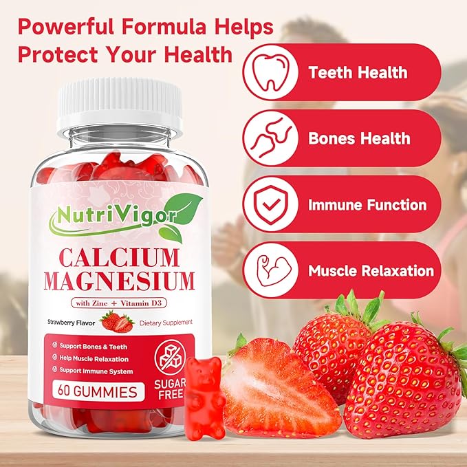 Calcium Magnesium Zinc Gummies with High Absorption Magnesium 300mg, Calcium Supplement with D3 for Bone, Muscles & Immune Support for Kids & Adults, Strawberry Flavor, 60 Count