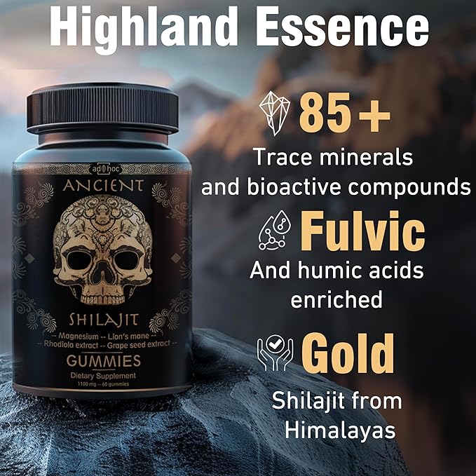 ad hoc 1100mg Gold Shilajit Gummies with Magnesium, Lions Mane, Rhodiola, Grape Seed - Himalayan Shilajit for Men Women, 85+ Trace Minerals & Fulvic Acid, Pure Shilajit for Energy Immune Support,60 Ct