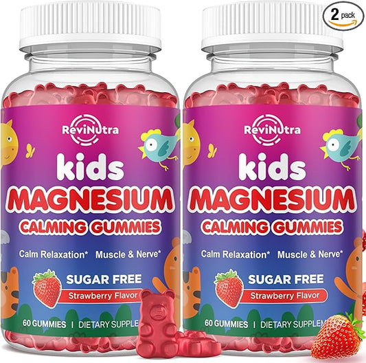 2 Pack Magnesium Gummies for Kids - Magnesium Glycinate, L-Threonate Gummies with L-Theanine, Chamomile, Licorice, Vitamin B6, D for Kids & Adults Sleep, Muscle Relief & Nerve Bone - Strawberry 120ct