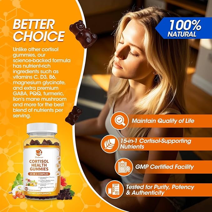 15-in-1 Cortisol Supplements for Women & Men, Calm Cortisol Gummies with Ashwagandha, Magnesium, L-theanine, GABA, Phosphatidylserine, Vitamin C, D3, B6 for Mood, Sleep, Focus Support - Vegan, 1 Pack