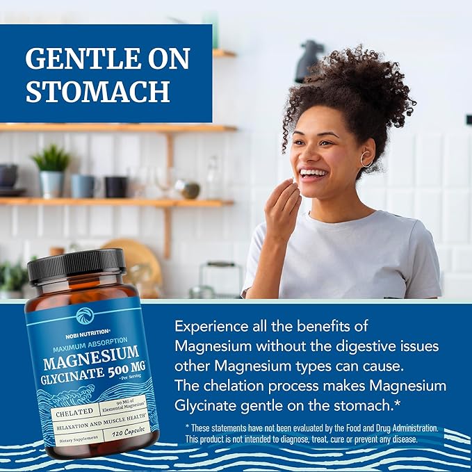 Magnesium Glycinate 500mg | Chelated for High Absorption | Muscle Relaxation, Bones, Heart, Nerve, Sleep & Calm Support for Women & Men | Magnesium Chelate Supplement & Bisglycinate Complex | 60ct