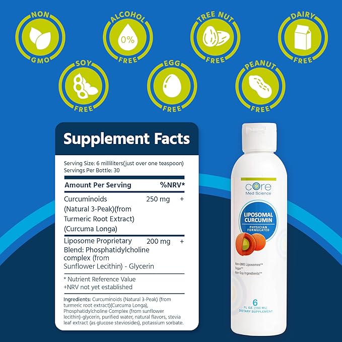 Core Med Science Liposomal Curcumin Liquid Turmeric Supplement, 6 Fl Oz - High Absorption Health Support for Adults - Turmeric Liquid Drops That Promotes Cognitive