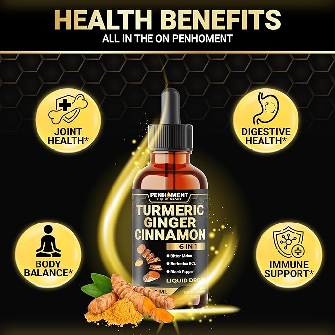 6in1 Liquid Turmeric Curcumin with Ginger, Berberine, Ceylon Cinnamon, Bitter Melon, Black Pepper - Drops Extract for Joint Support - 2Packs of 1 Fl Oz