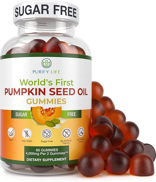 Sugar-Free Pumpkin Seed Oil Gummies (4,000mg/serving) Pumpkin Seed Oil for Hair Growth, Youthful Skin, Prostate Health, Immune & Urinary Tract Support-Natural Source of Essential Fatty Acids-60 Chews