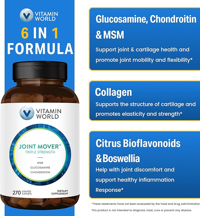 Vitamin World Triple Strength Joint Mover, Glucosamine Chondroitin with MSM Joint Support Supplement, Collagen & Boswellia Serrata Extract, Support Joint Strength, Comfort & Flexibility, 270 Caplets