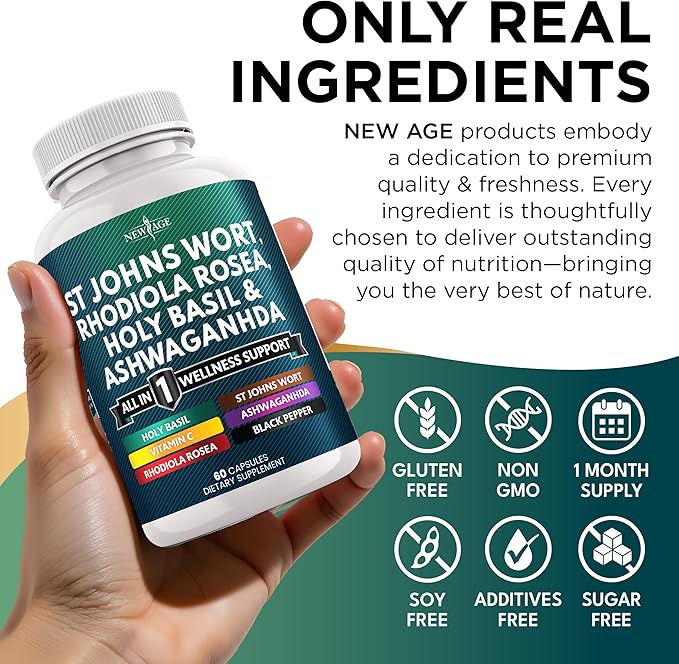 NEW AGE St Johns Wort, Rhodiola Rosea, Holy Basil, Ashwagandha - Support for Women and Men with Vitamin C & Black Pepper Extract - 120 Count