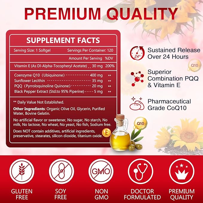 NATURE TARGET CoQ10-400mg Plus PQQ with Vitamin E & Organic Olive Oil - Coenzyme-Q10 with BioPerine - High Absorption Antioxidant-for-Heart-Health and Energy Production,120 Servings
