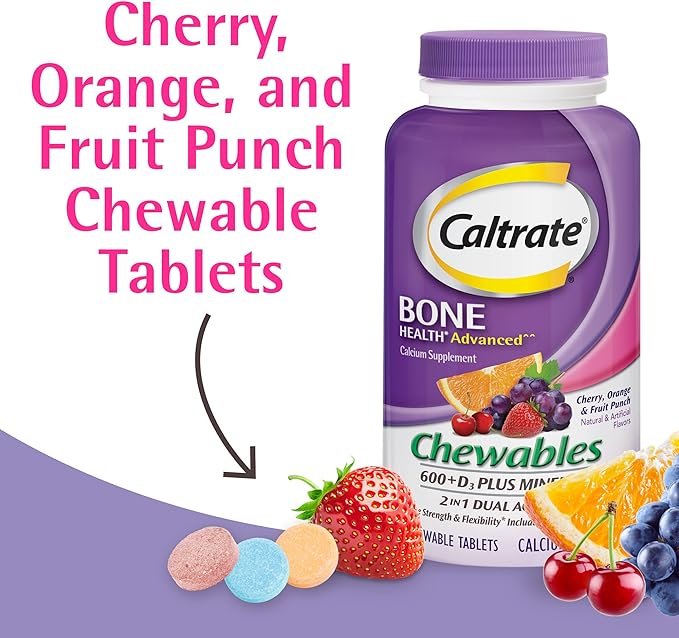 Caltrate Chewables 600 +D3 Plus Minerals Calcium and Vitamin D, Sugar Free, Cherry, Orange and Fruit Punch, 155 count