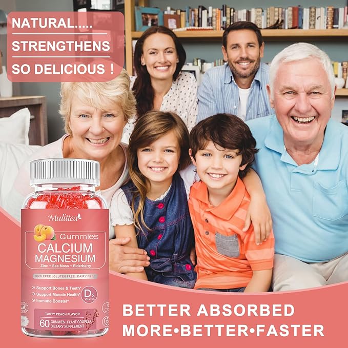 Calcium Gummies with D3,Zinc - Plant Complex Calcium Magnesium Supplement with Glycinate,Potassium,Vitamin C &Whole Natural Food for Bone & Immune Support- 60 Chewable Gummy Sugar-Free