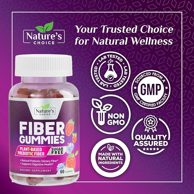 Sugar Free Fiber Gummies for Adults, Daily Prebiotic Natural Soluble Fiber Supplement & Digestive Health Support - Regularity & Digestion Health Support, Plant Based Berry Flavor - 60 Gummies